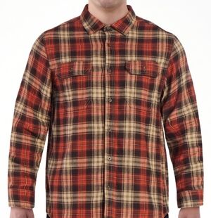 George Button Down Red Black & Tan Plaid Unisex Flannel Shirt - Size: W Large